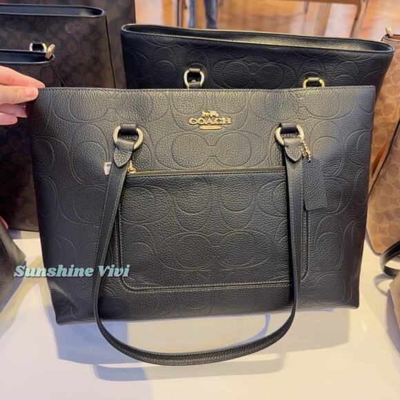 NWT Bundle COACH CCD49 Station Tote Bag & CCL35 Long Wallet Signature Gold/Black - Picture 4 of 11